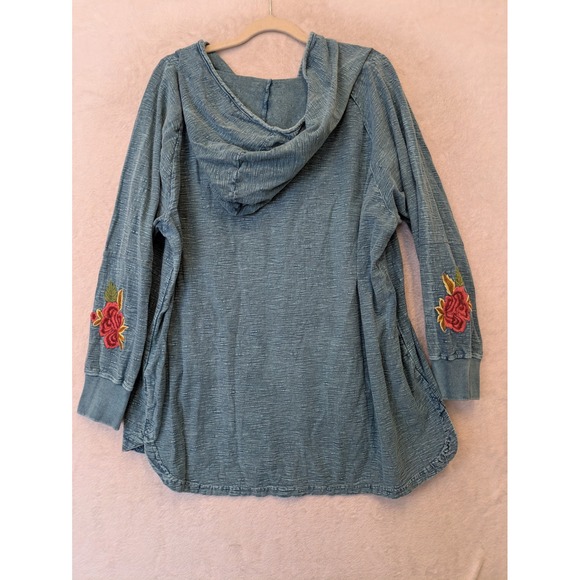 Driftwood Hoodie Women's L Blue Floral Embroidered High-Low Pullover V-Neck - Picture 7 of 9